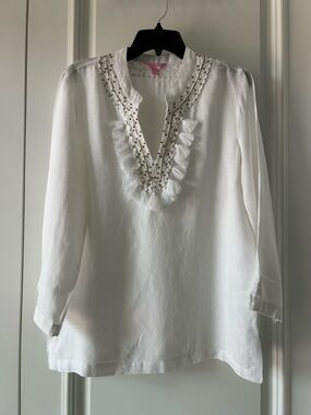 Lilly Pulitzer White Tassel V-Neck Tunic with Beaded Trim